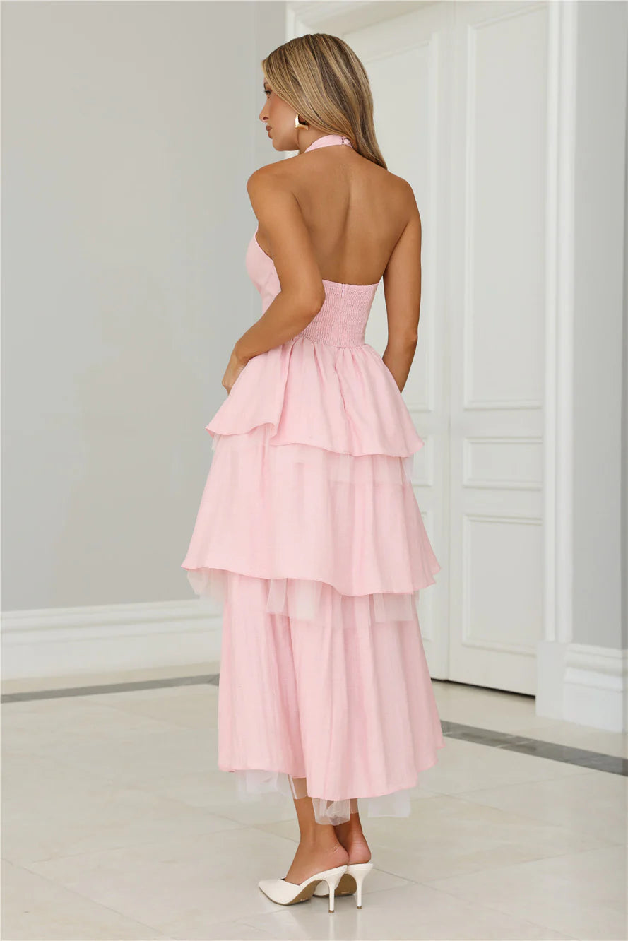 Twinkle Into Night Tulle Halter Maxi Dress Pink
